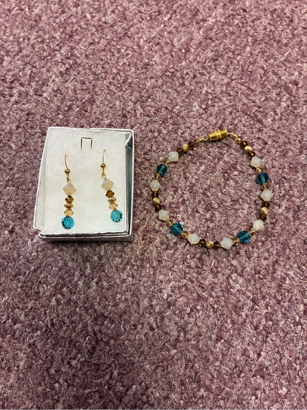Gold-Tone Bracelet and Teal Crystal Drop Earrings Set